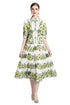 Runway Fashion Elegant Collared, Floral Print, Bubble sleeves Dress